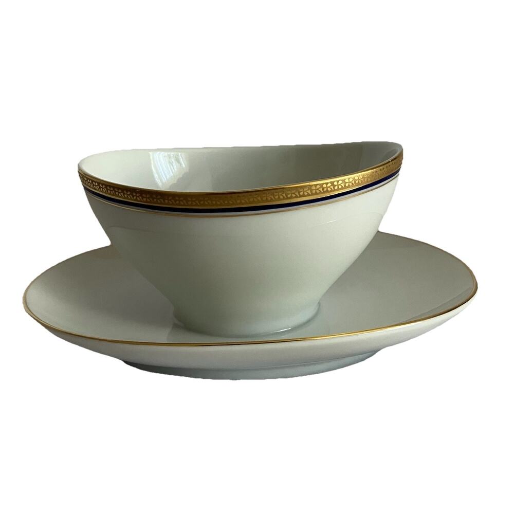 Vintage Thomas Germany Gravy Boat Attached Underplate White Cobalt with Gold Rim